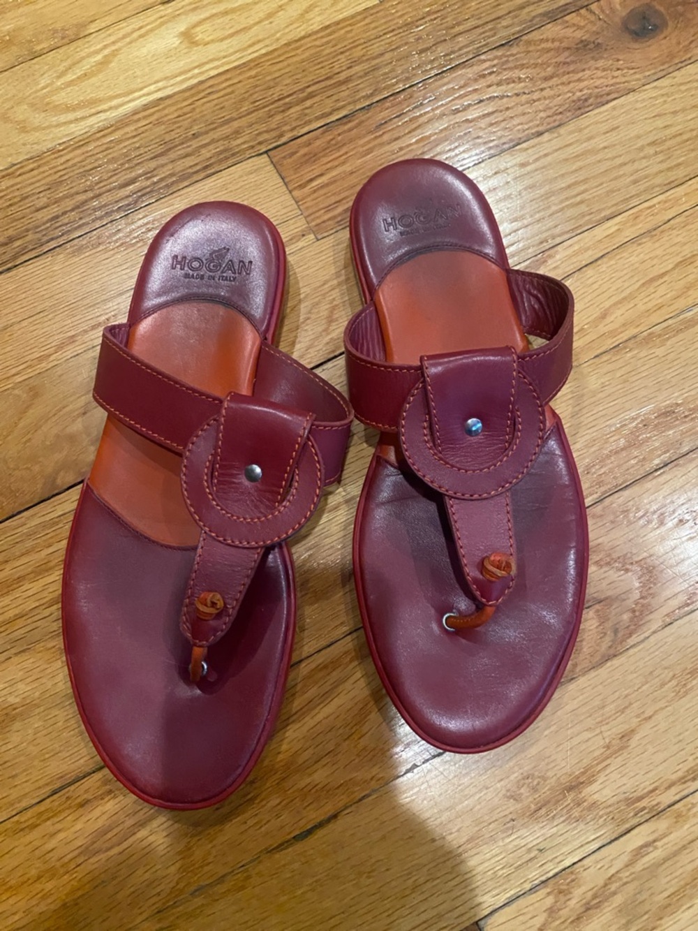 Hogan Burgundy Leather Toe-Post Sandals